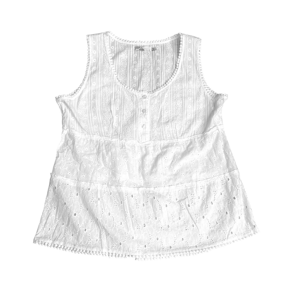 Prana White Eyelet‎ Lace Tiered Babydoll Tank Top Sleeveless Pintuck Boho Large - Picture 3 of 5